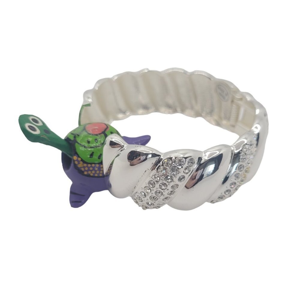 High Polished Silver Color Metal Crystal Studded Bangle Cuff Bracelet - Picture 2 of 4